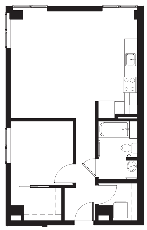 a floor plan of a small house with a kitchen and a living room